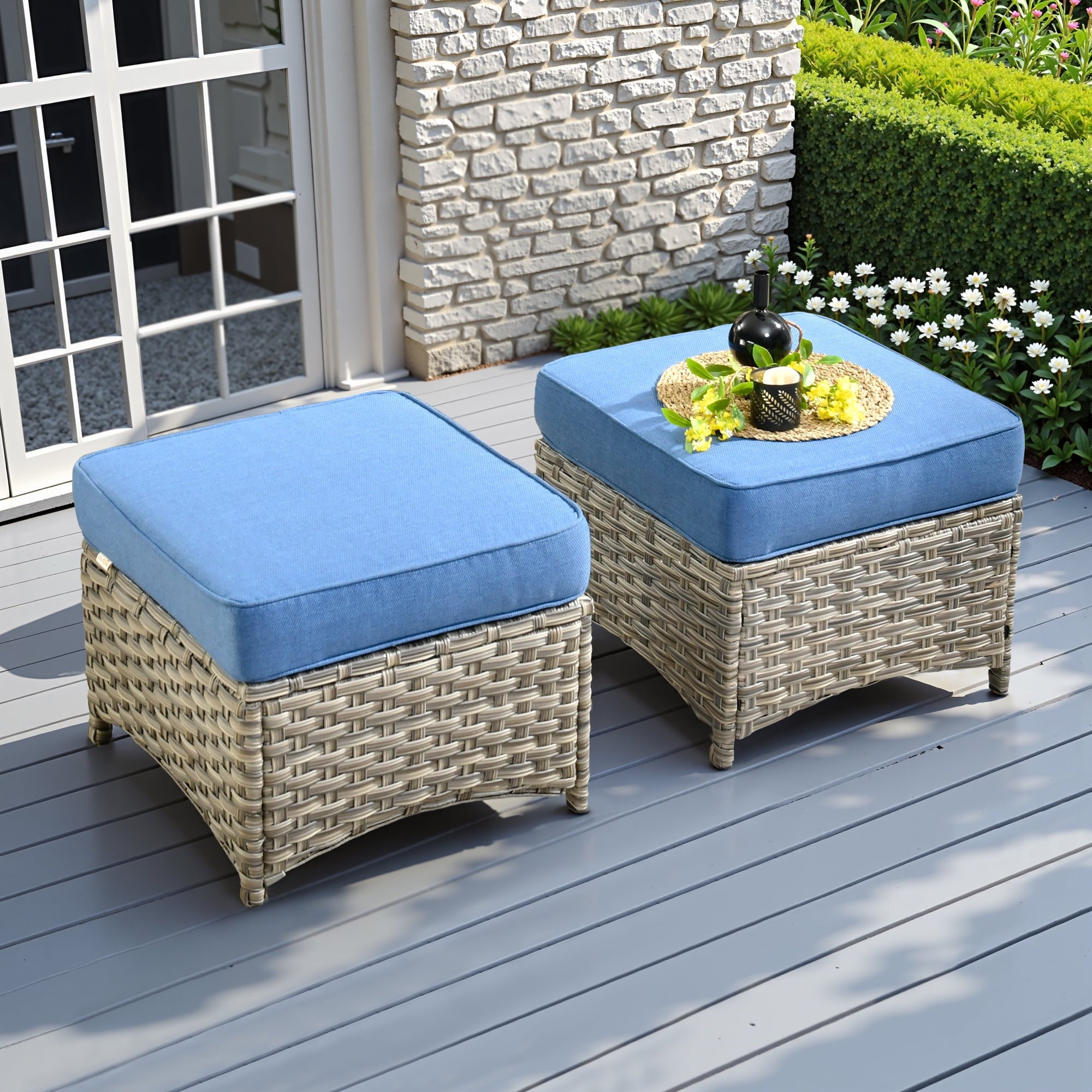 Ovios Outdoor Patio Ottoman with Cushion Wicker Coffee Table Extra Seat for Garden, Backyard, Porch, or Balcony