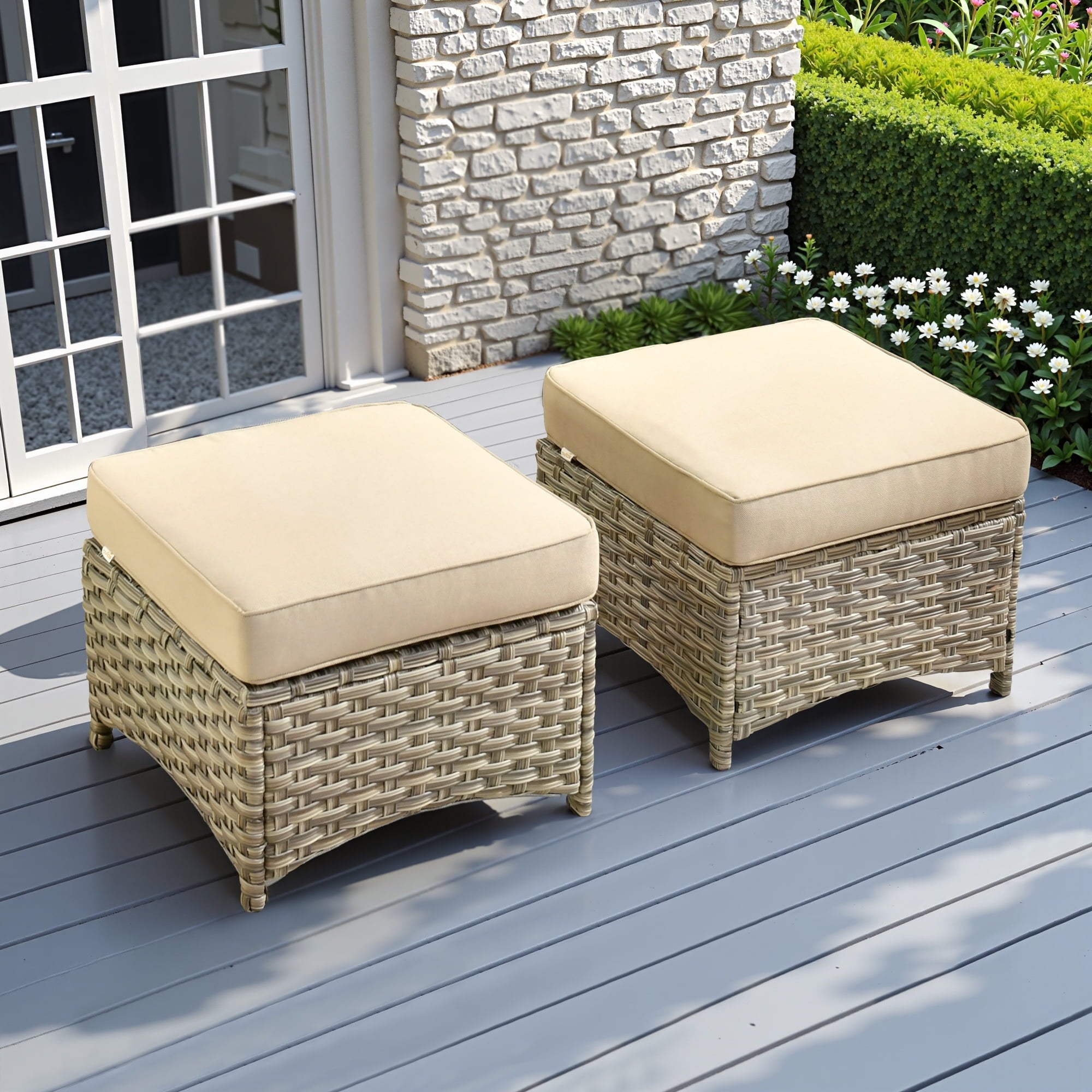 Ovios Outdoor Patio Ottoman with Cushion Wicker Coffee Table Extra Seat for Garden, Backyard, Porch, or Balcony