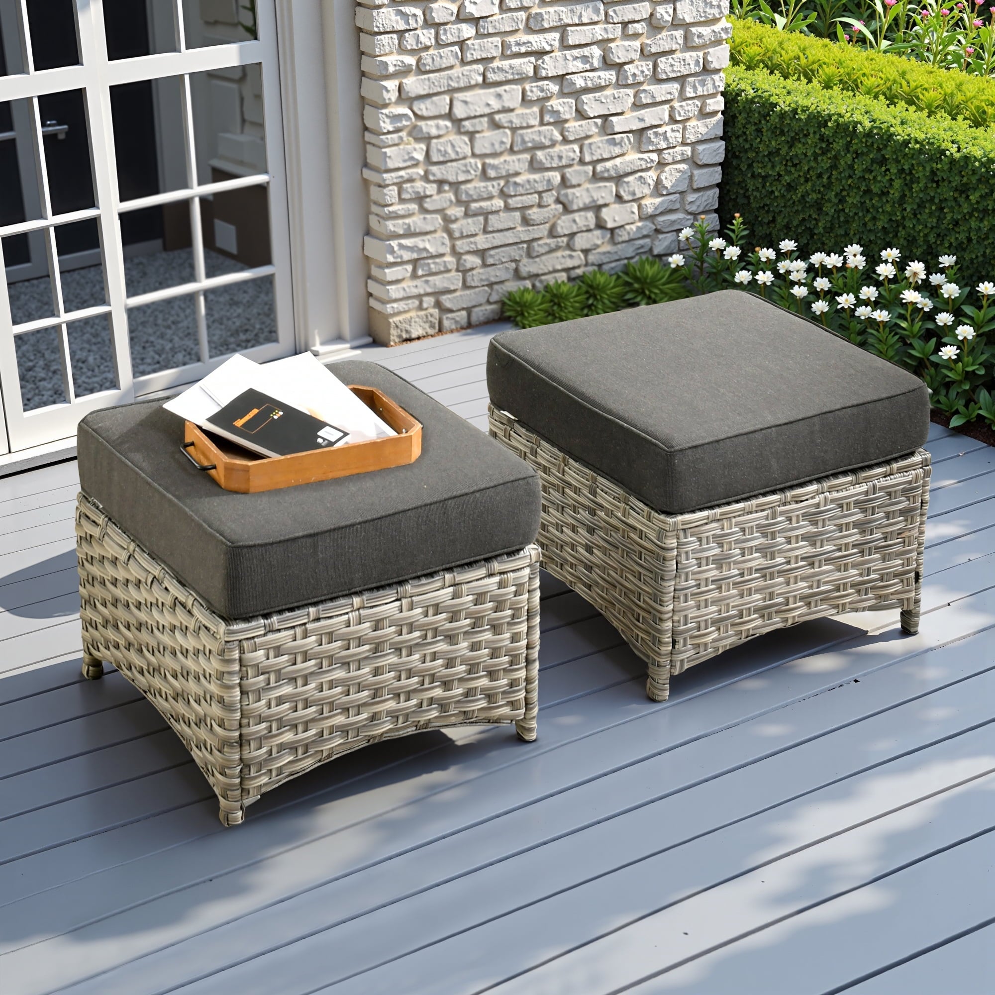 Ovios Outdoor Patio Ottoman with Cushion Wicker Coffee Table Extra Seat for Garden, Backyard, Porch, or Balcony