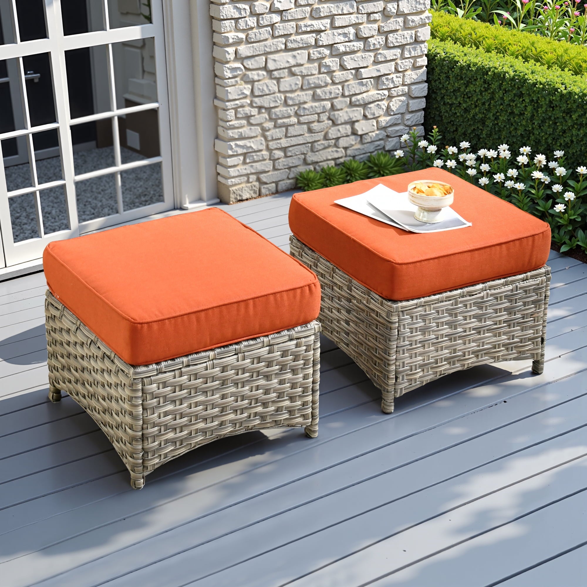 Ovios Outdoor Patio Ottoman with Cushion Wicker Coffee Table Extra Seat for Garden, Backyard, Porch, or Balcony