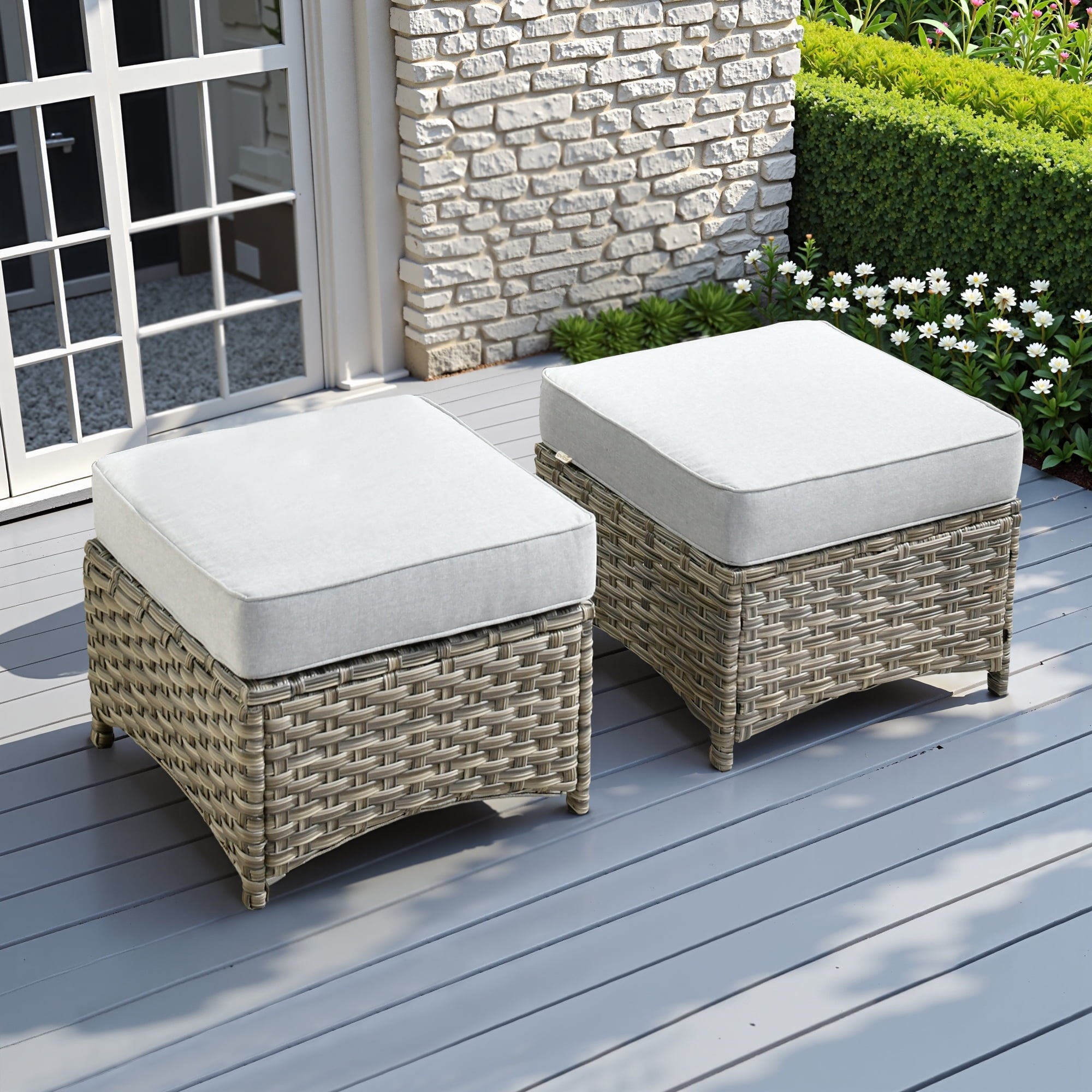 Ovios Outdoor Patio Ottoman with Cushion Wicker Coffee Table Extra Seat for Garden, Backyard, Porch, or Balcony