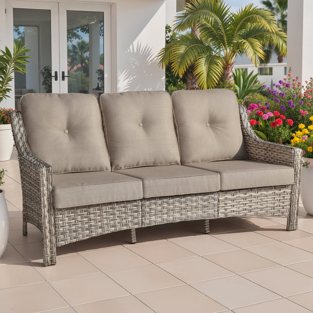 Ovios Outdoor Patio Sofa 3-Seater with Cushions All-Weather Wicker Rattan Couch for Garden, Porch, or Backyard