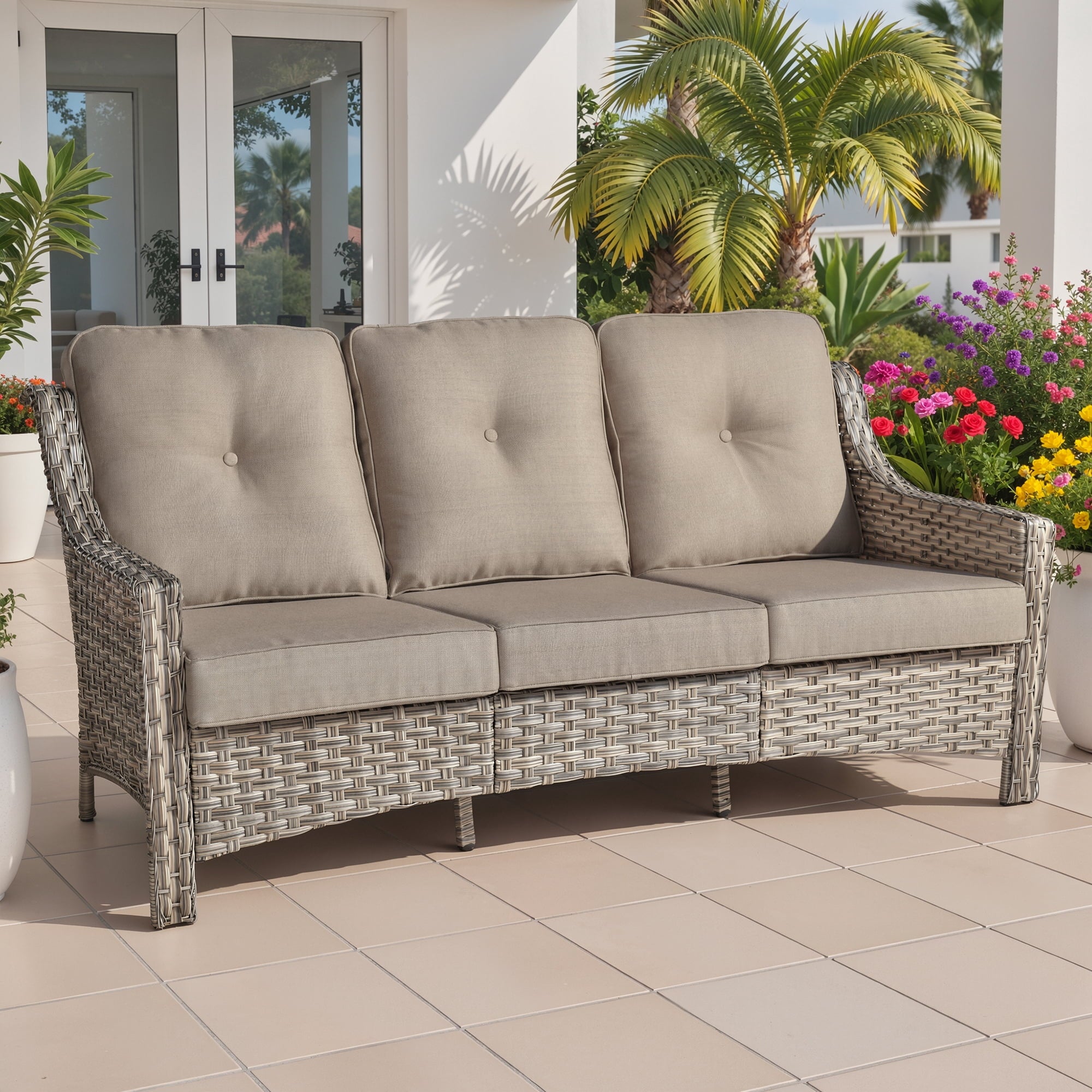 Ovios Outdoor Patio Sofa 3-Seater with Cushions All-Weather Wicker Rattan Couch for Garden, Porch, or Backyard