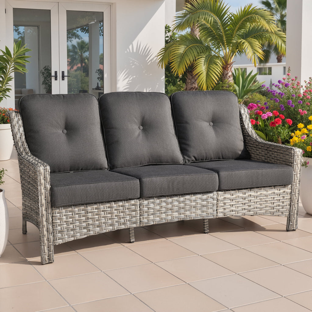 Ovios Outdoor Patio Sofa 3-Seater with Cushions All-Weather Wicker Rattan Couch for Garden, Porch, or Backyard