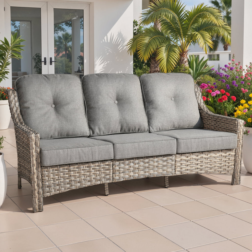 Ovios Outdoor Patio Sofa 3-Seater with Cushions All-Weather Wicker Rattan Couch for Garden, Porch, or Backyard