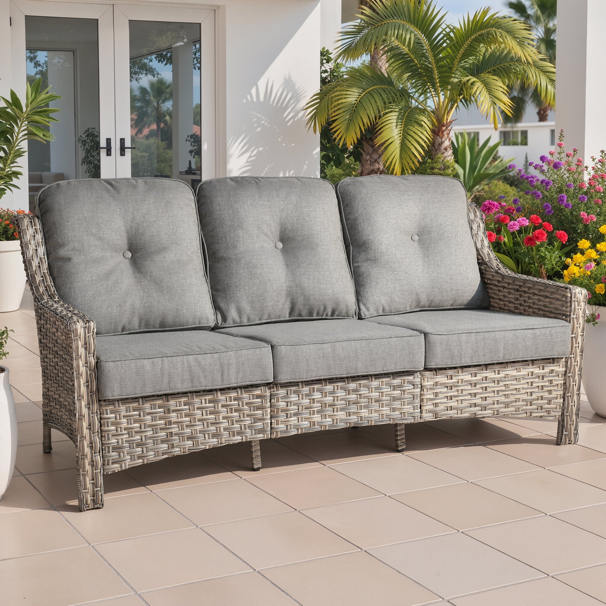 Ovios Outdoor Patio Sofa 3-Seater with Cushions All-Weather Wicker Rattan Couch for Garden, Porch, or Backyard