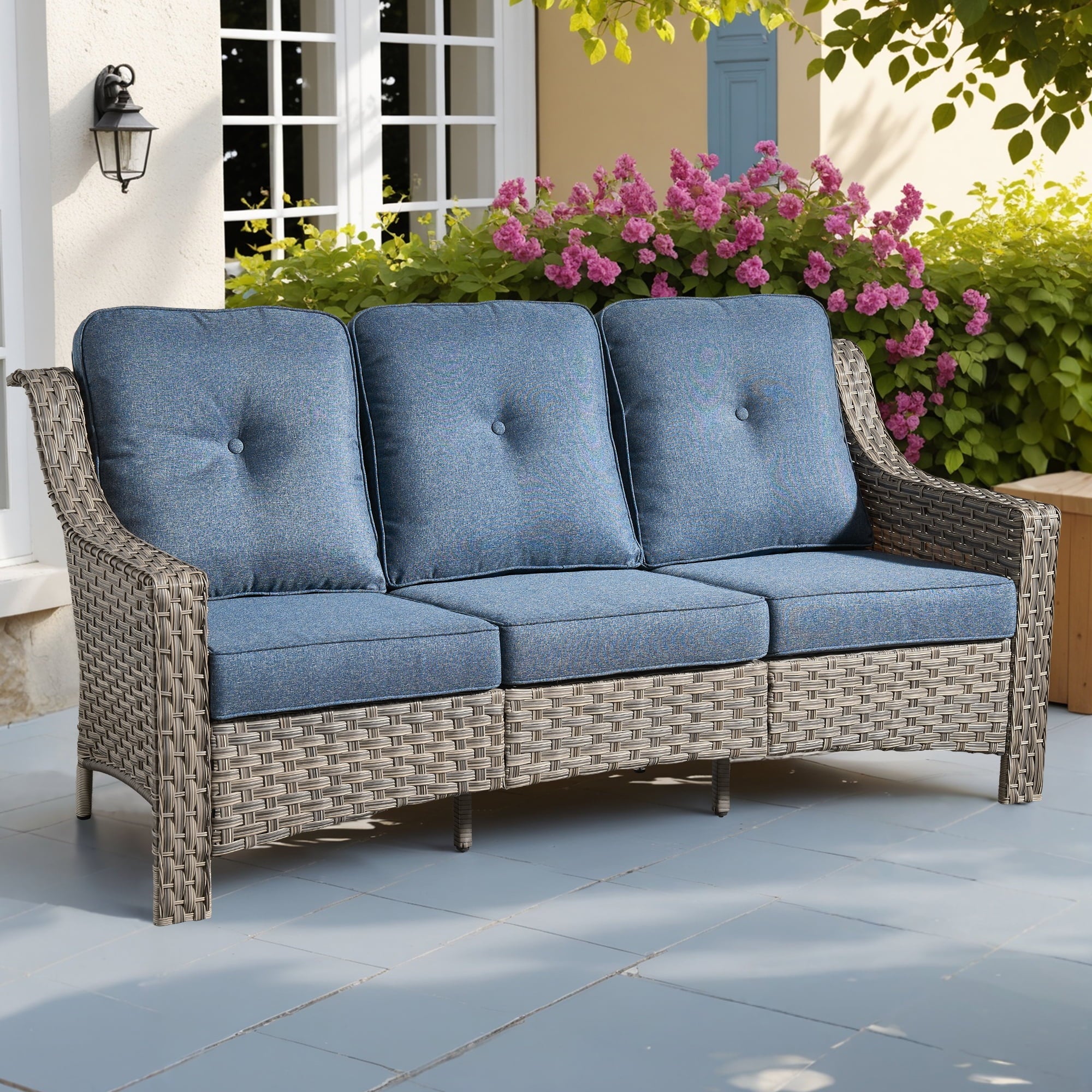 Ovios Outdoor Patio Sofa 3-Seater with Cushions All-Weather Wicker Rattan Couch for Garden, Porch, or Backyard