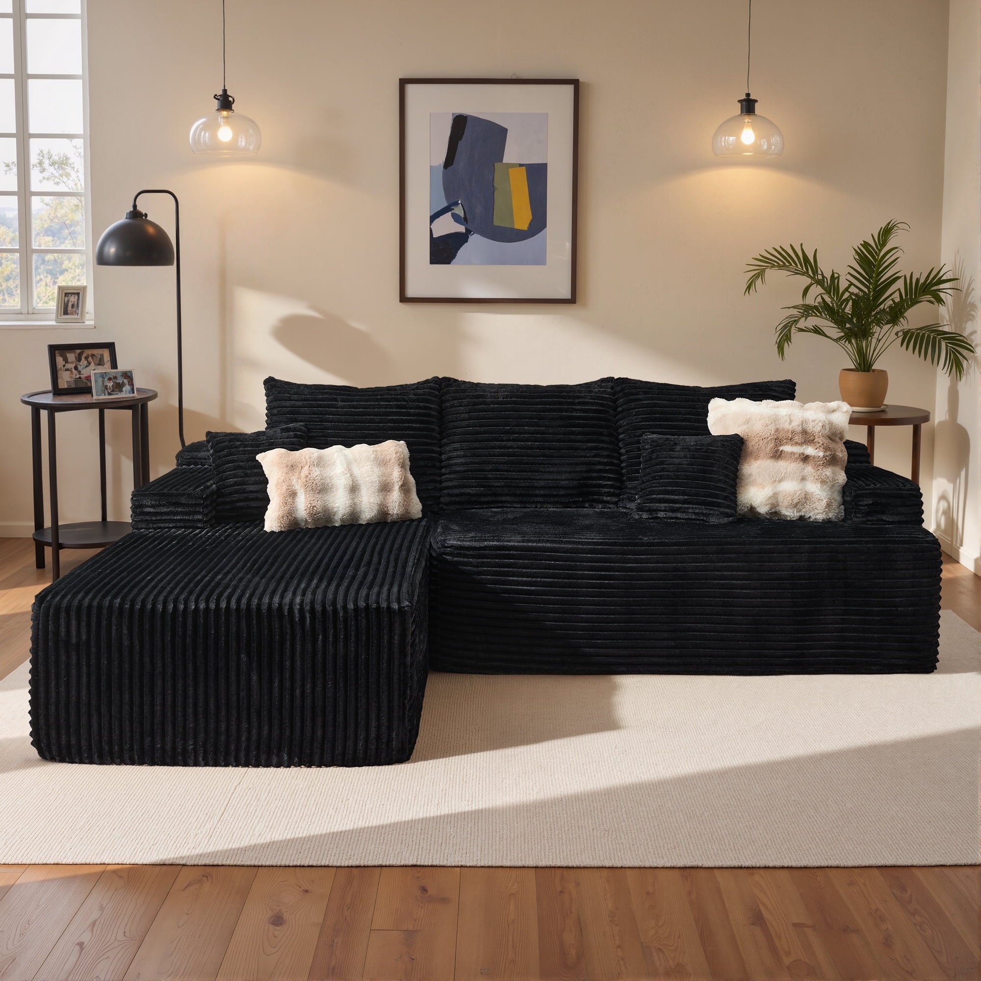 Ovios Corduroy L-Shaped Sectional Sofa with Chaise, No Assembly Required, Modular Comfy Couch, Beige(Left Facing Chaise)