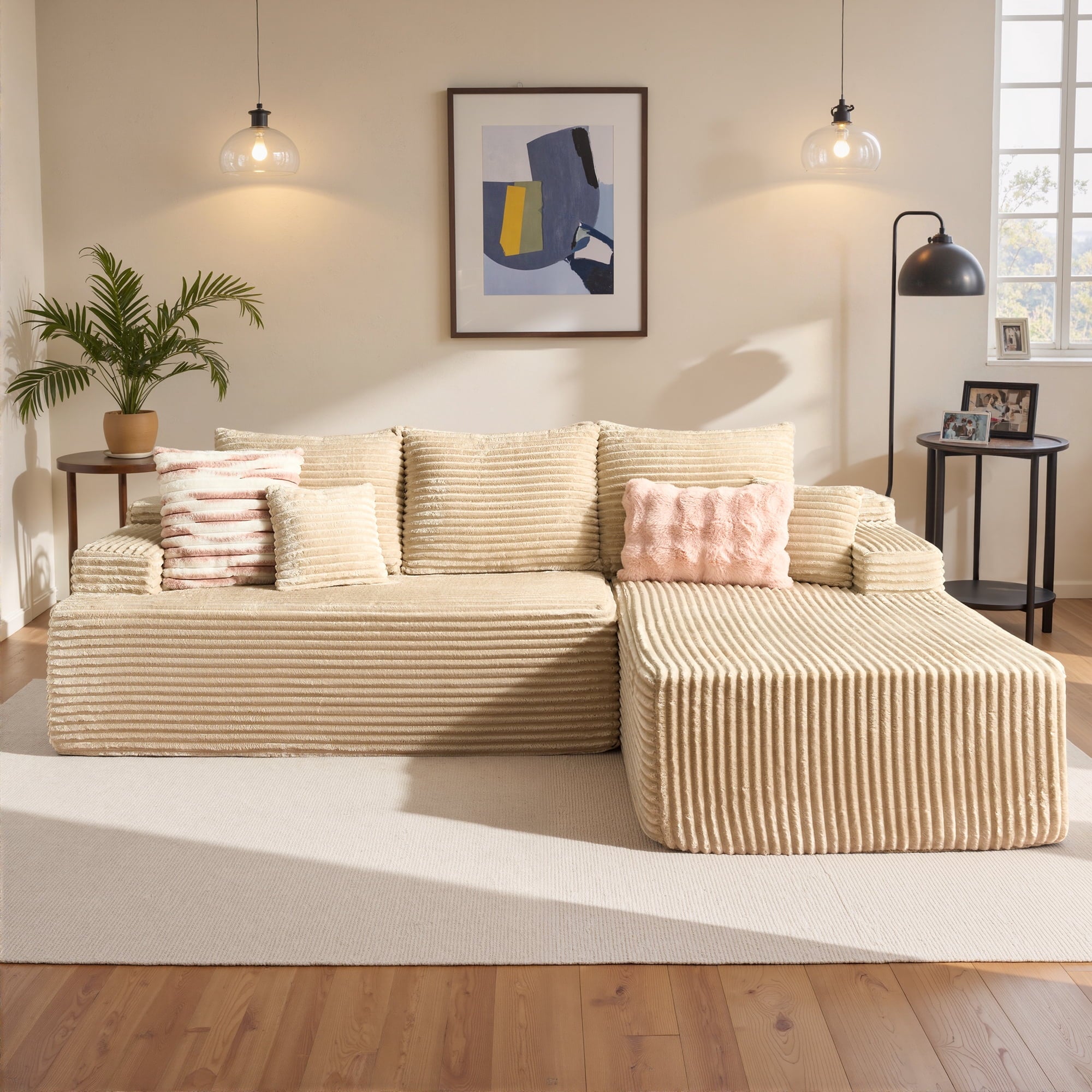 Ovios Corduroy L-Shaped Sectional Sofa with Chaise, No Assembly Required, Modular Comfy Couch, Beige(Left Facing Chaise)