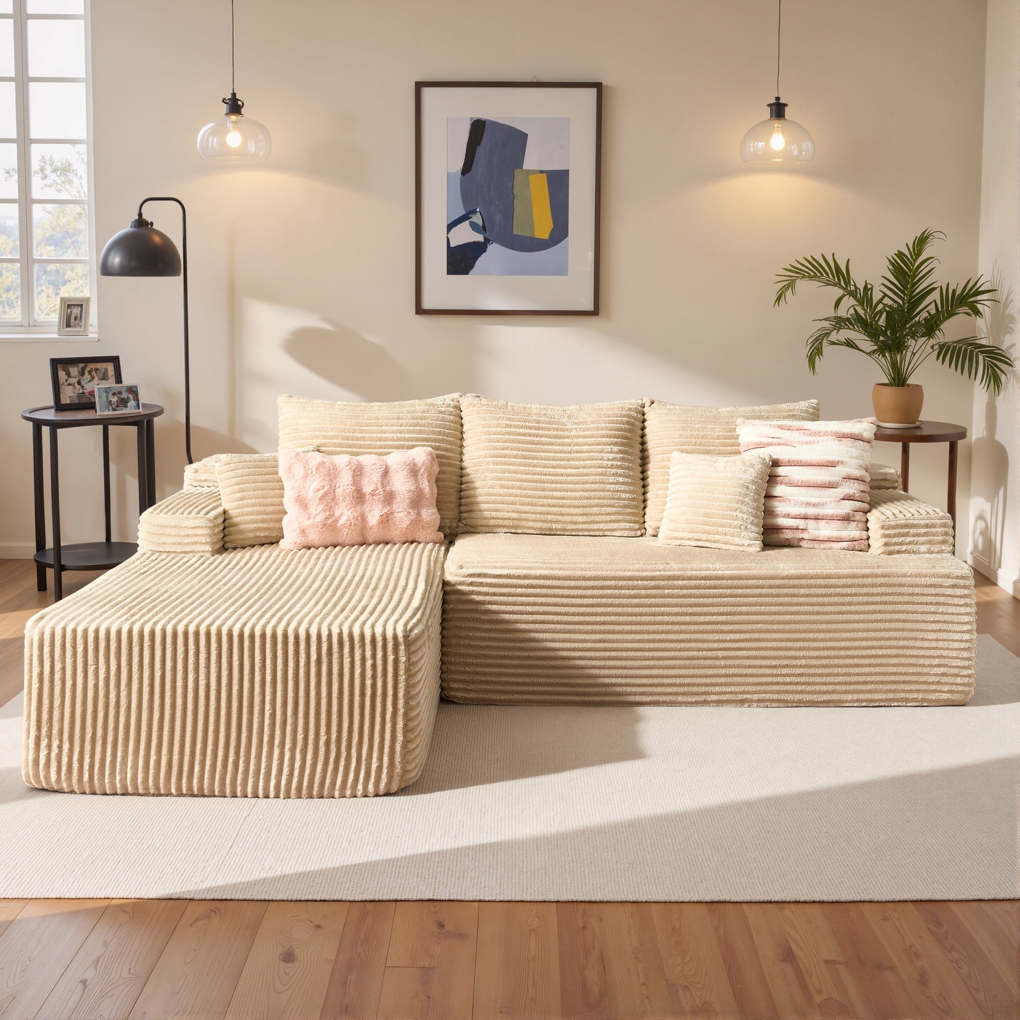Ovios Corduroy L-Shaped Sectional Sofa with Chaise, No Assembly Required, Modular Comfy Couch, Beige(Left Facing Chaise)
