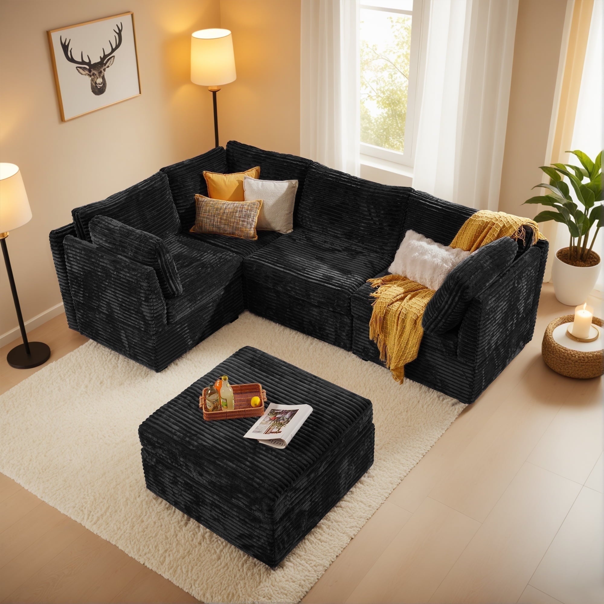 Ovios 32" Corner Seat Module for Modular Sectional Sofa Plush Corduroy Upholstery Cloud Corner Chair with Pillow for Living Room, Bedroom, Beige