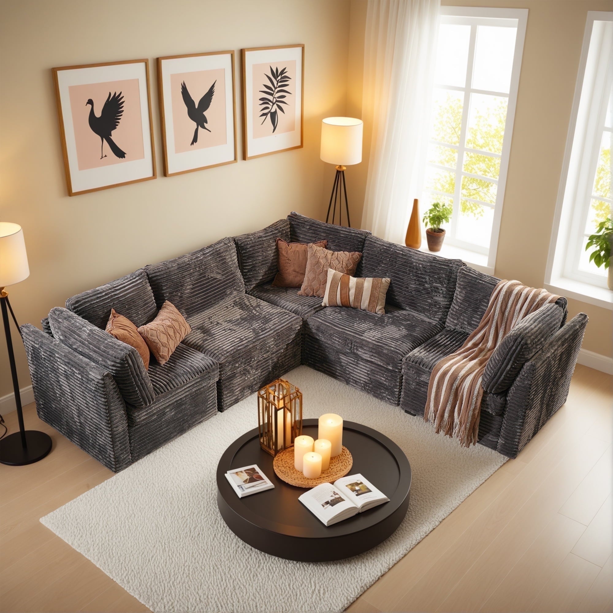 Ovios 32" Corner Seat Module for Modular Sectional Sofa Plush Corduroy Upholstery Cloud Corner Chair with Pillow for Living Room, Bedroom, Beige