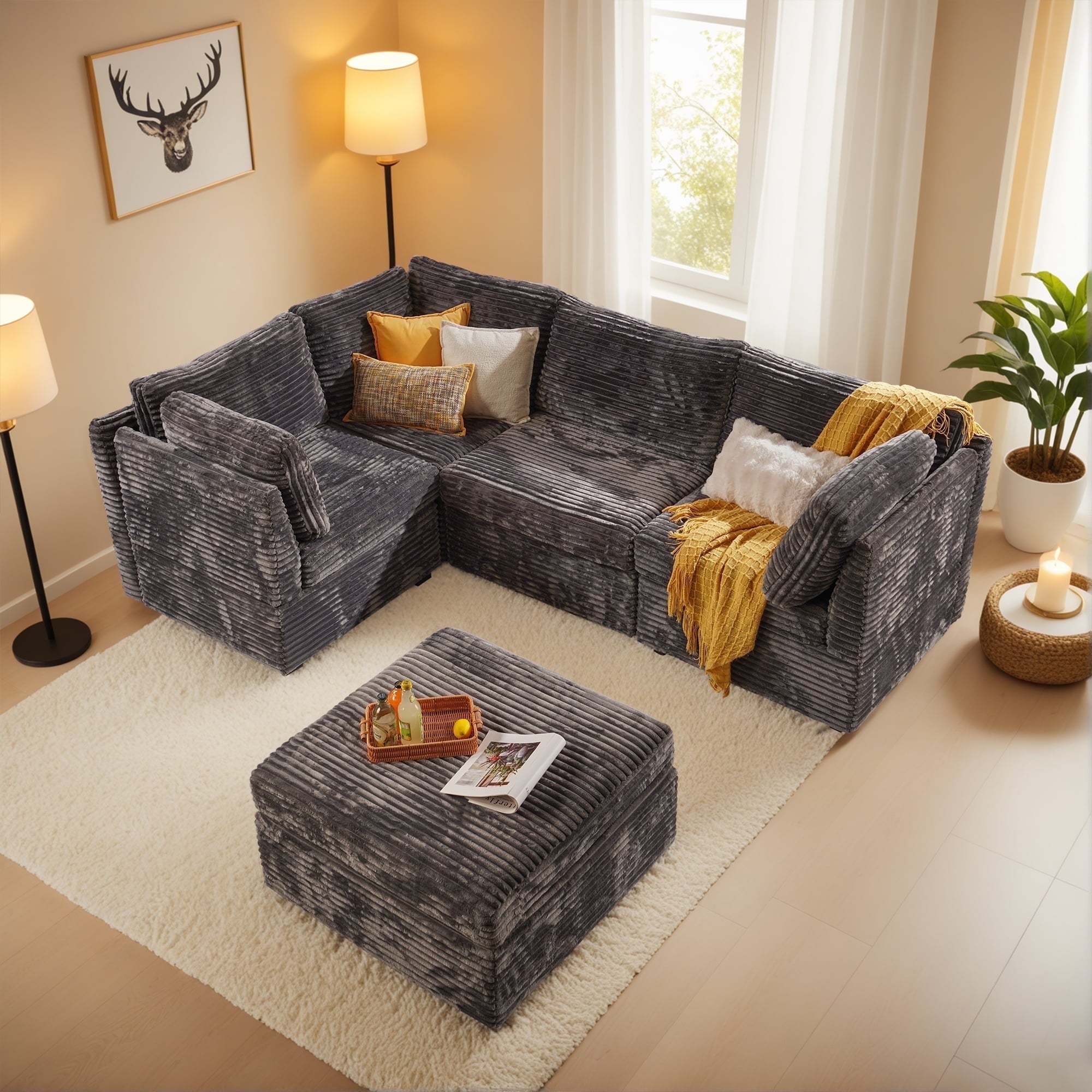 Ovios 32" Corner Seat Module for Modular Sectional Sofa Plush Corduroy Upholstery Cloud Corner Chair with Pillow for Living Room, Bedroom, Beige