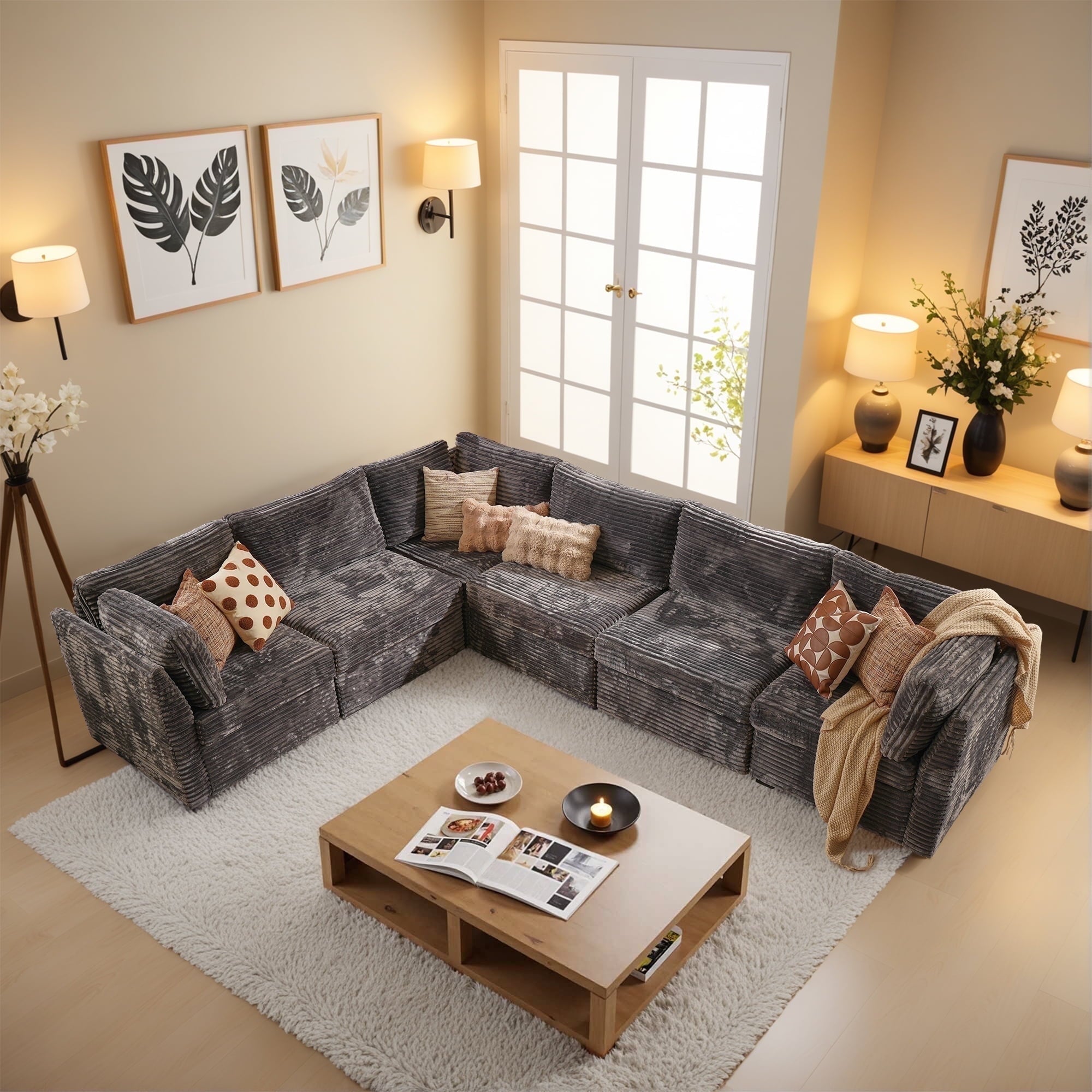 Ovios 32" Corner Seat Module for Modular Sectional Sofa Plush Corduroy Upholstery Cloud Corner Chair with Pillow for Living Room, Bedroom, Beige
