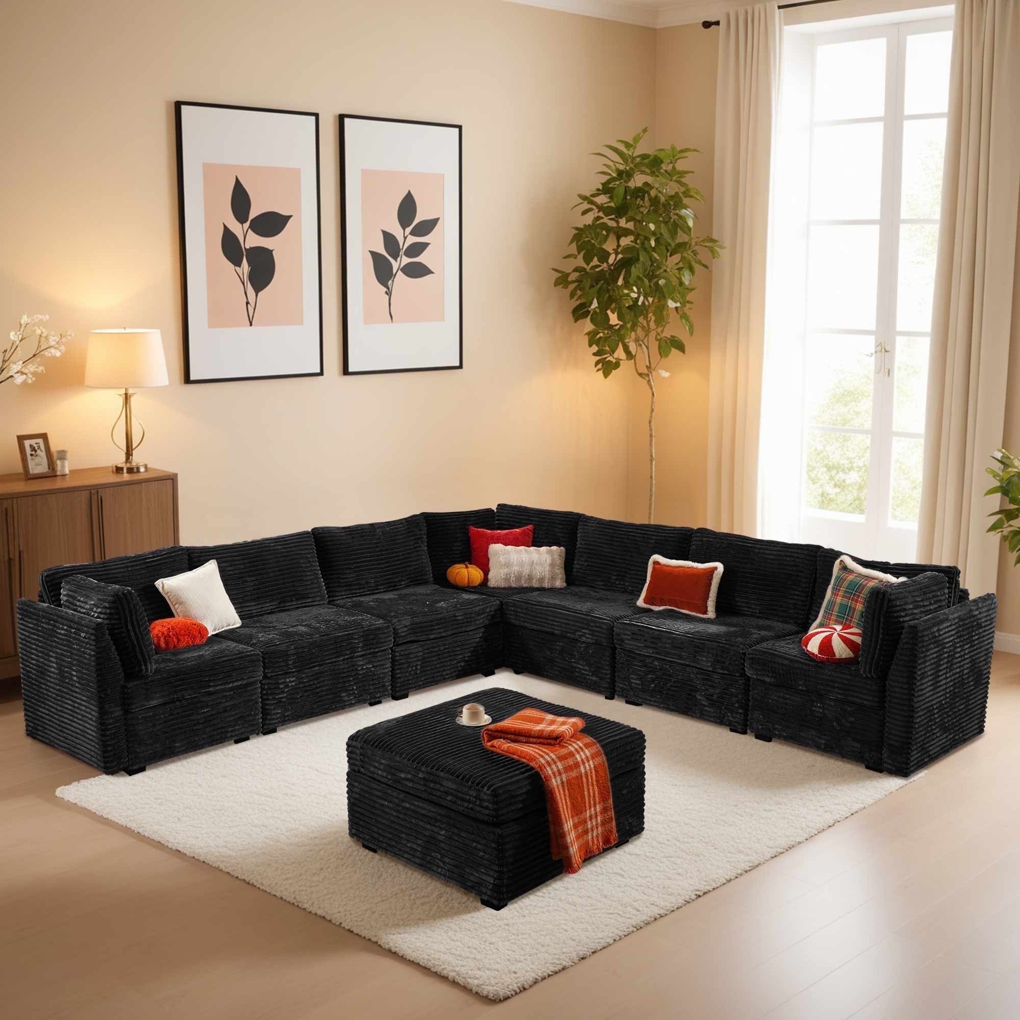 Ovios 32" Corner Seat Module for Modular Sectional Sofa Plush Corduroy Upholstery Cloud Corner Chair with Pillow for Living Room, Bedroom, Beige