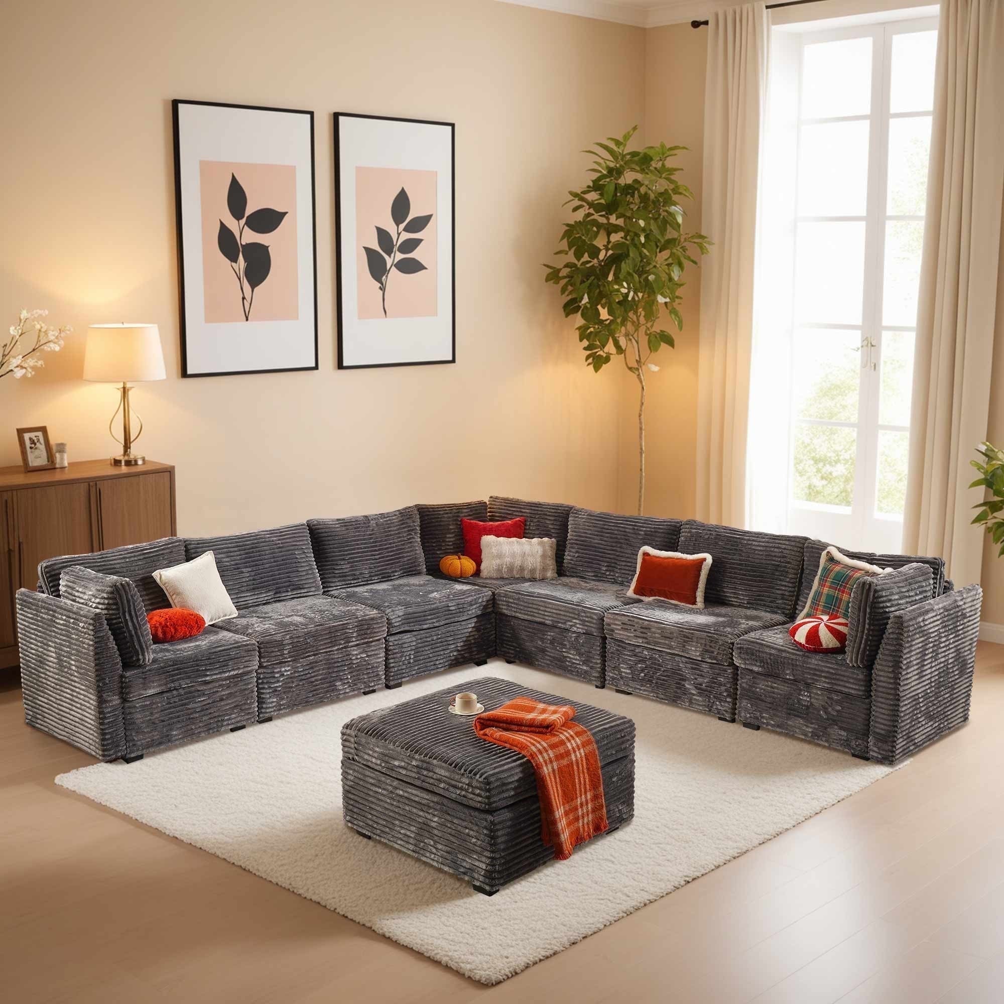 Ovios 32" Corner Seat Module for Modular Sectional Sofa Plush Corduroy Upholstery Cloud Corner Chair with Pillow for Living Room, Bedroom, Beige