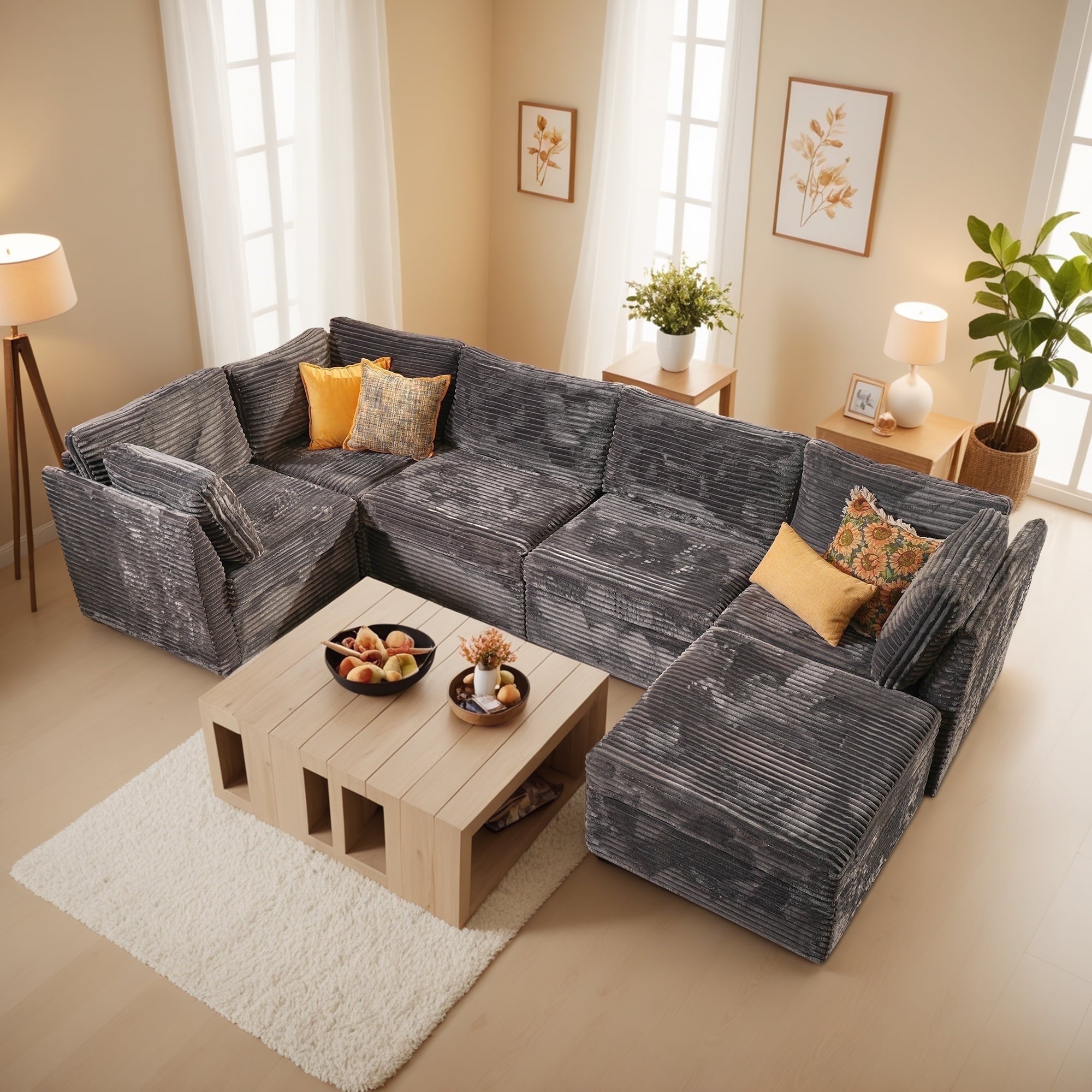 Ovios 32" Corner Seat Module for Modular Sectional Sofa Plush Corduroy Upholstery Cloud Corner Chair with Pillow for Living Room, Bedroom, Beige