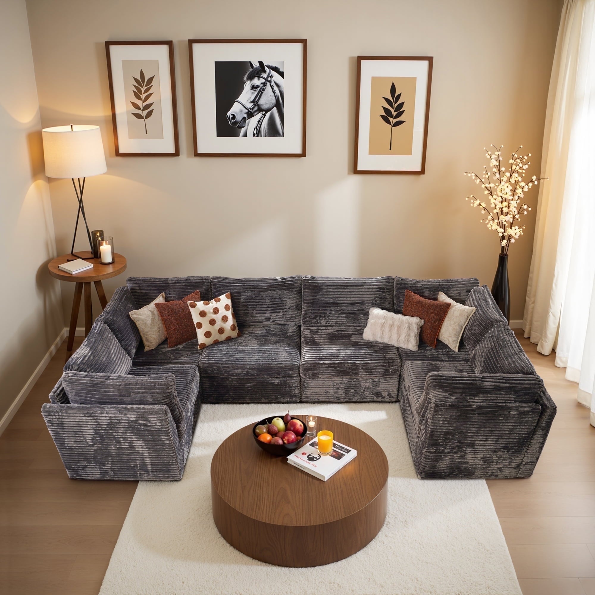 Ovios 32" Corner Seat Module for Modular Sectional Sofa Plush Corduroy Upholstery Cloud Corner Chair with Pillow for Living Room, Bedroom, Beige