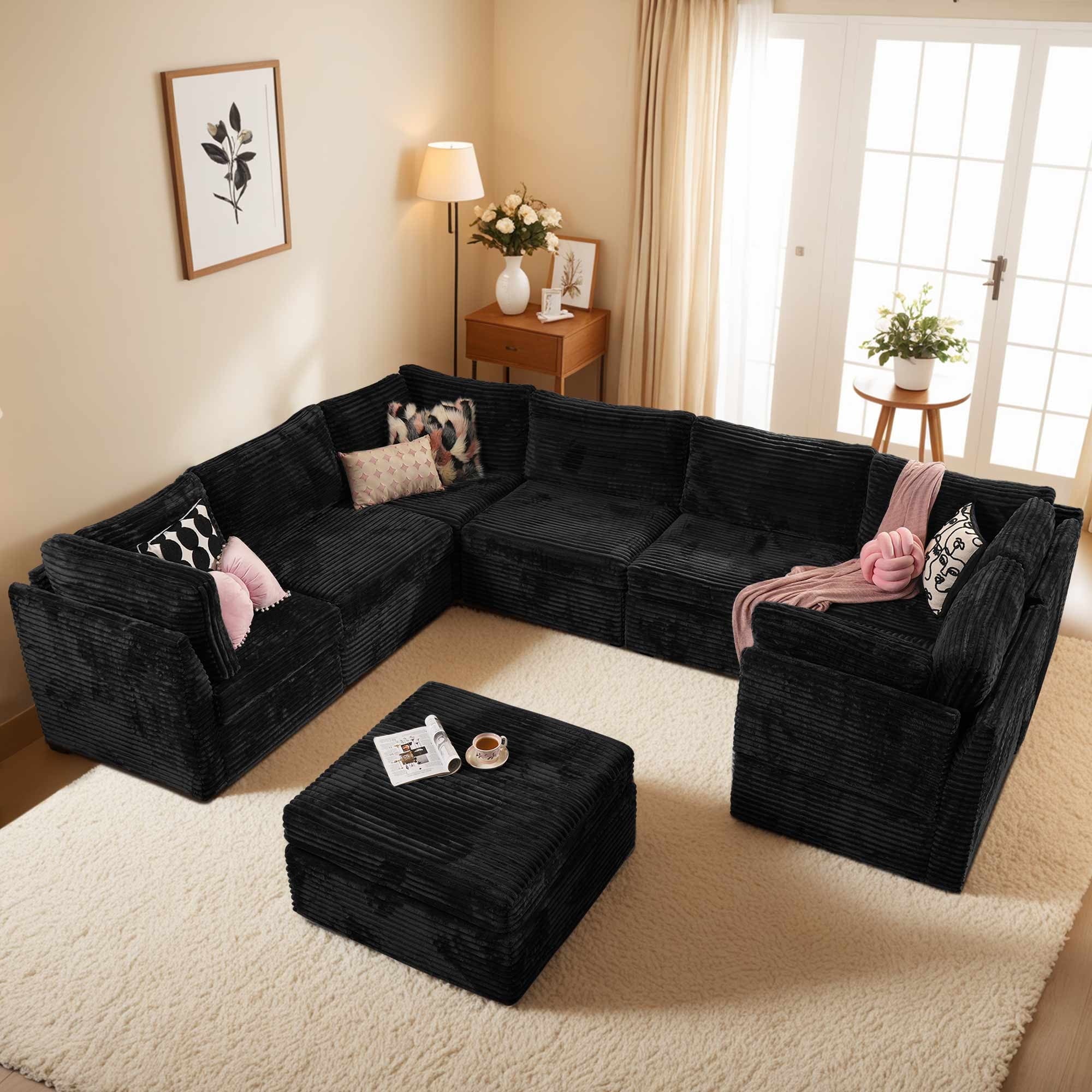 Ovios 32" Corner Seat Module for Modular Sectional Sofa Plush Corduroy Upholstery Cloud Corner Chair with Pillow for Living Room, Bedroom, Beige