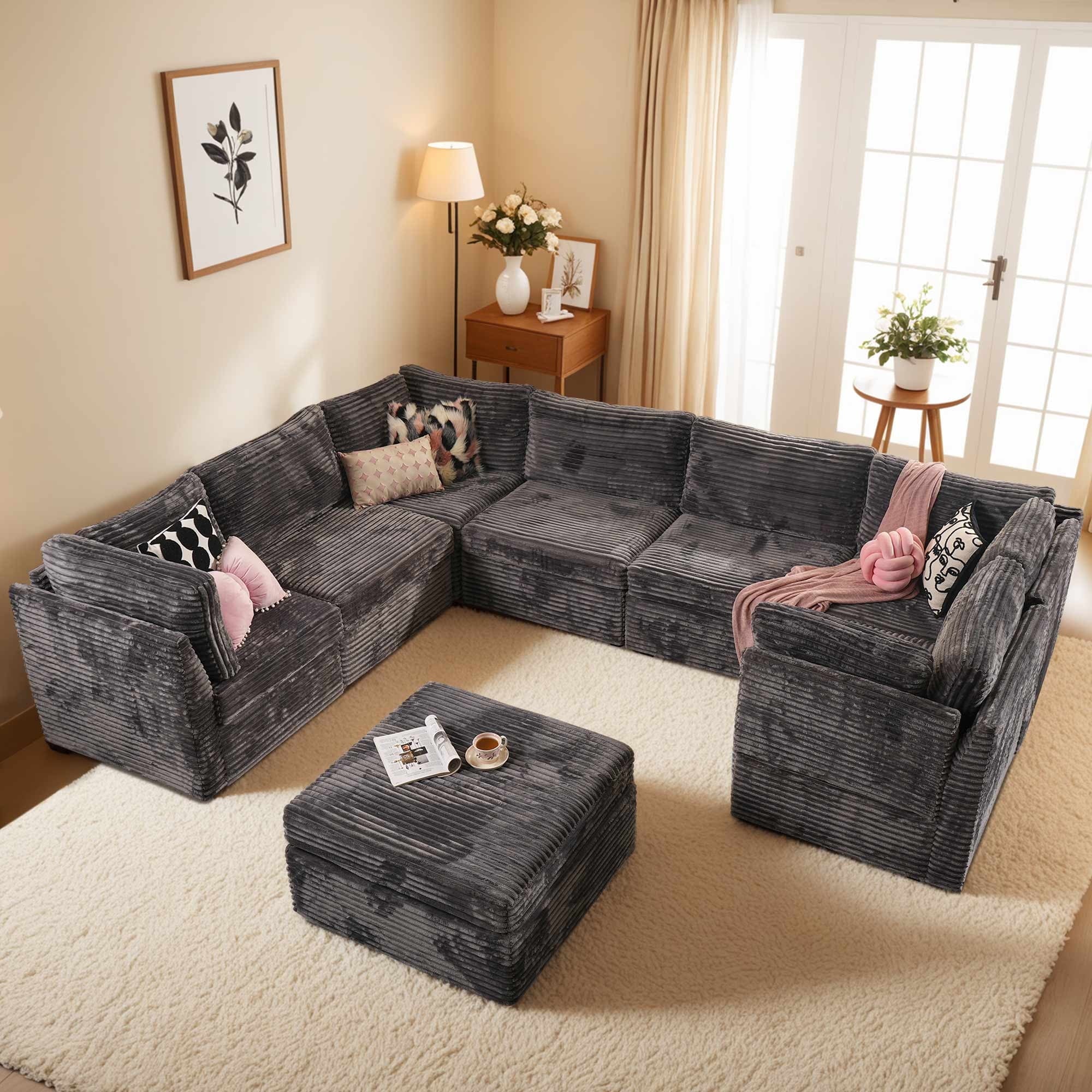 Ovios 32" Corner Seat Module for Modular Sectional Sofa Plush Corduroy Upholstery Cloud Corner Chair with Pillow for Living Room, Bedroom, Beige