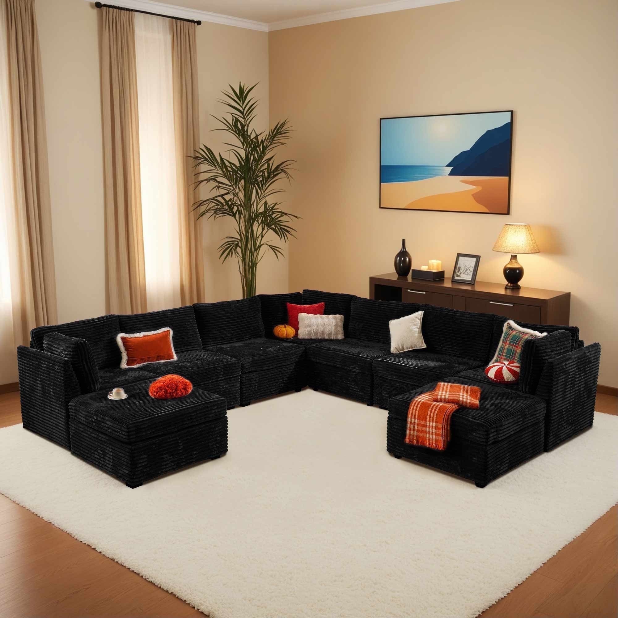 Ovios 32" Corner Seat Module for Modular Sectional Sofa Plush Corduroy Upholstery Cloud Corner Chair with Pillow for Living Room, Bedroom, Beige