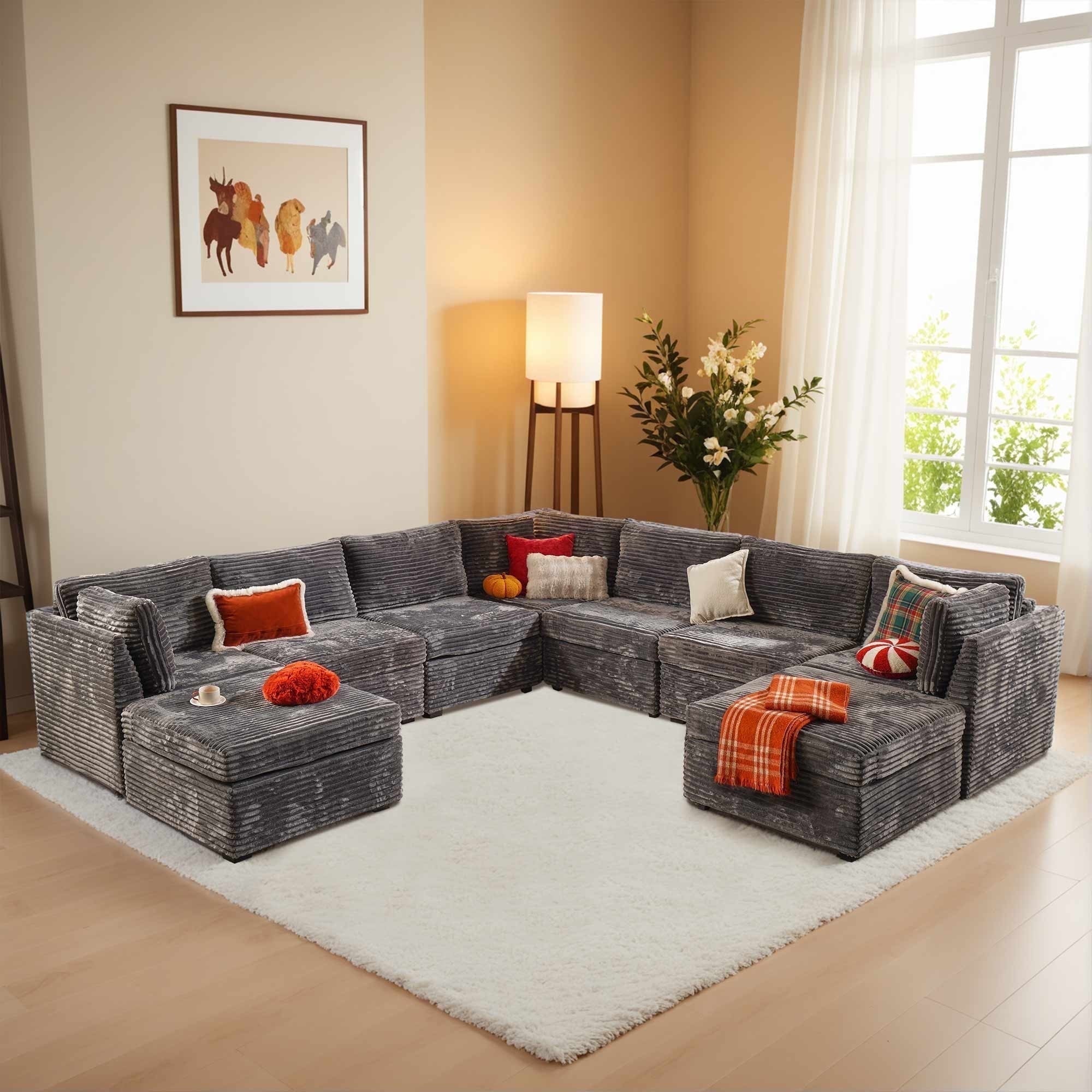 Ovios 32" Corner Seat Module for Modular Sectional Sofa Plush Corduroy Upholstery Cloud Corner Chair with Pillow for Living Room, Bedroom, Beige