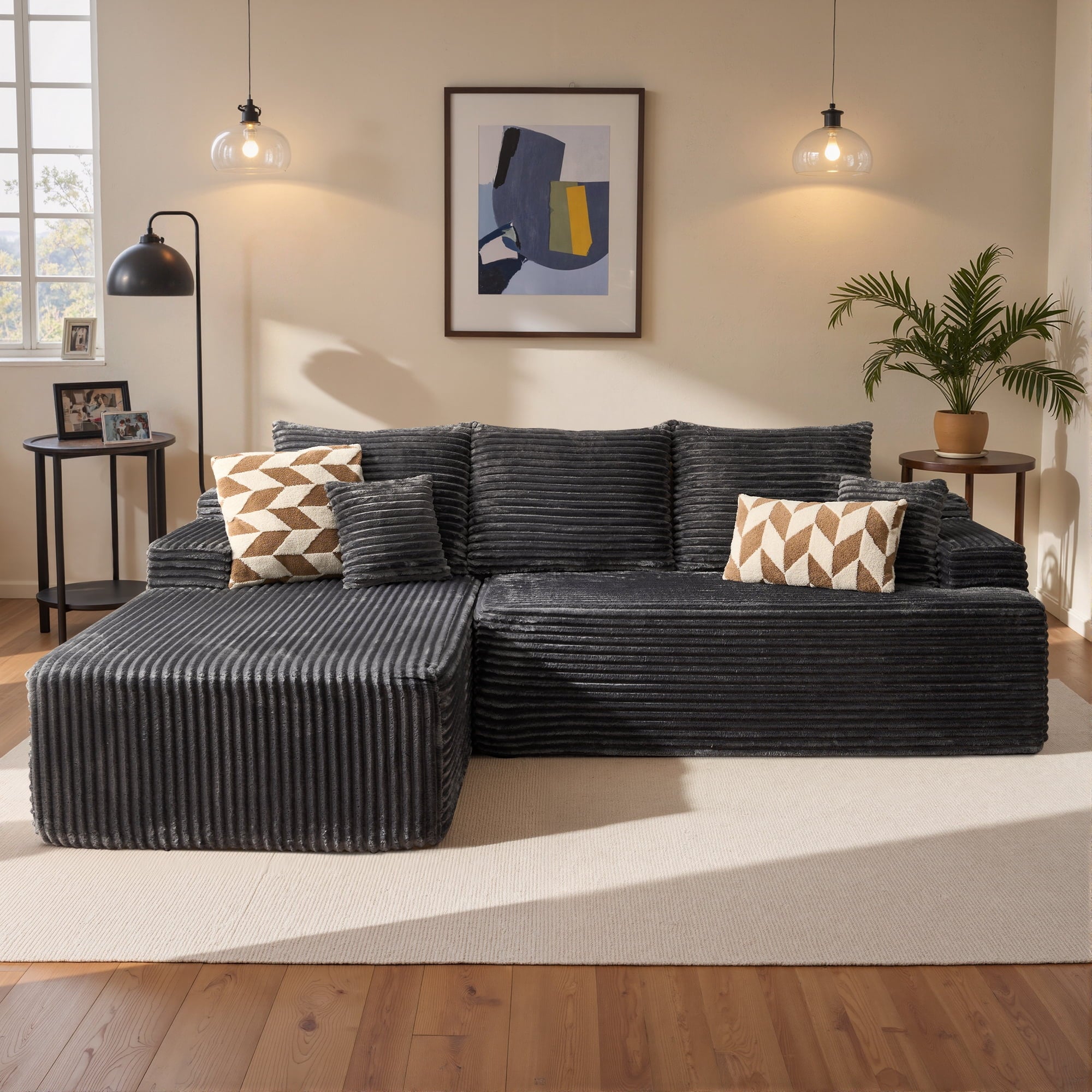 Ovios Corduroy L-Shaped Sectional Sofa with Chaise, No Assembly Required, Modular Comfy Couch, Beige(Left Facing Chaise)