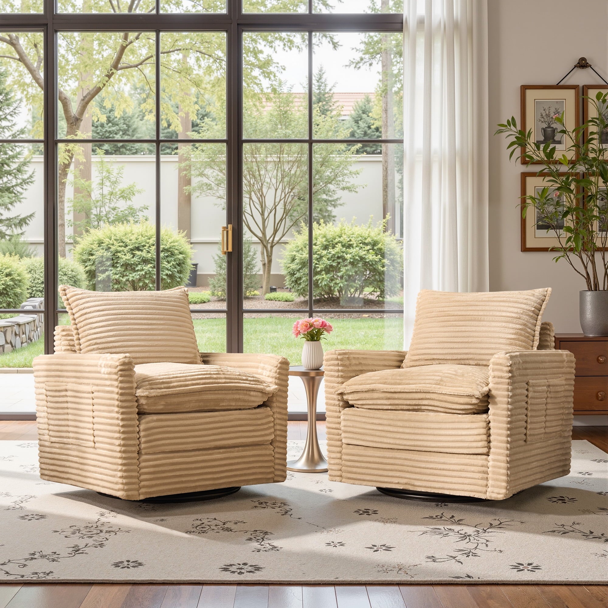 Ovios Swivel Accent Chairs Set Modern Corduroy Upholstered Living Room Chairs with 360¡ã Rotation and Pillows Comfy Lounge Armchairs for Bedroom or Office, Beige