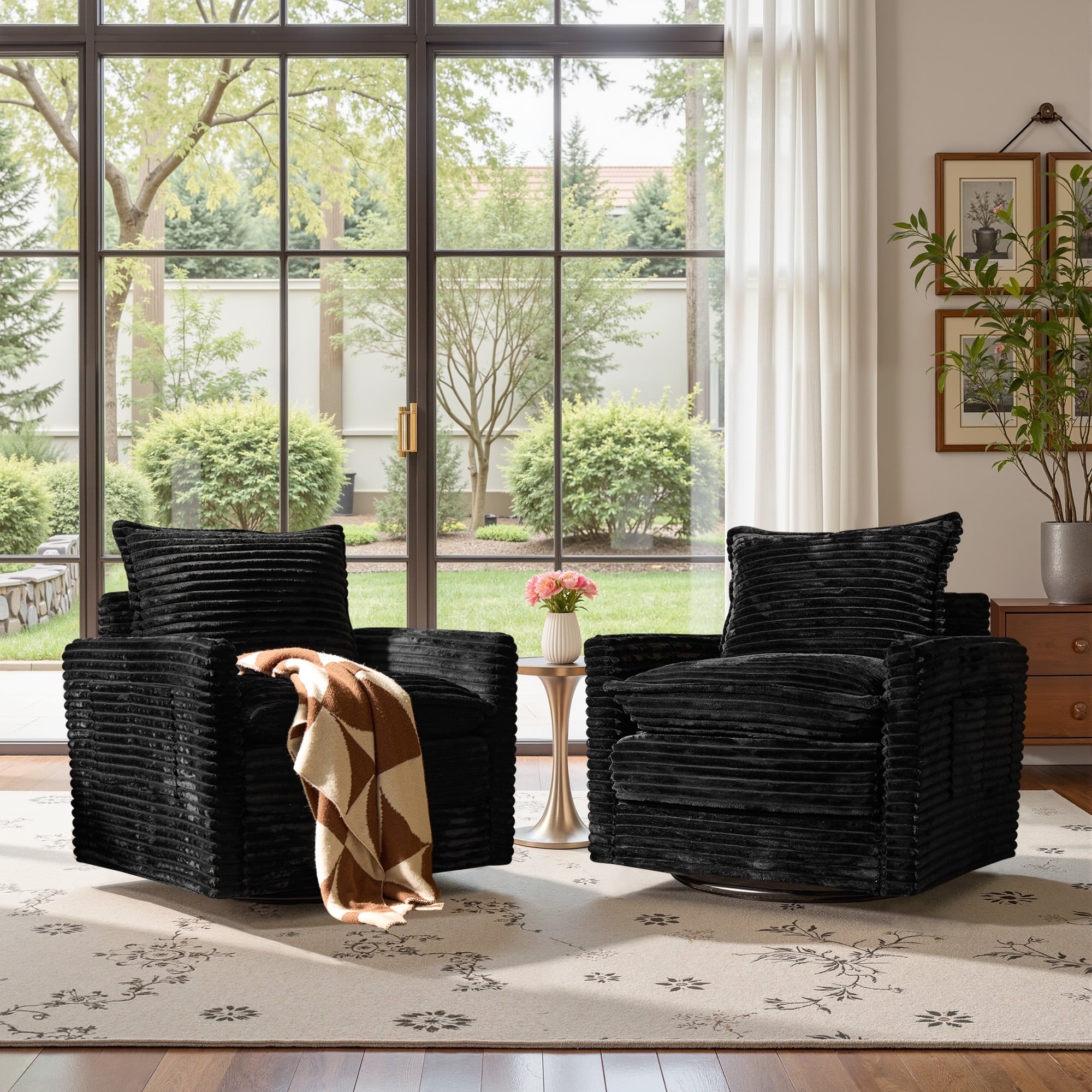 Ovios Swivel Accent Chairs Set Modern Corduroy Upholstered Living Room Chairs with 360¡ã Rotation and Pillows Comfy Lounge Armchairs for Bedroom or Office, Beige