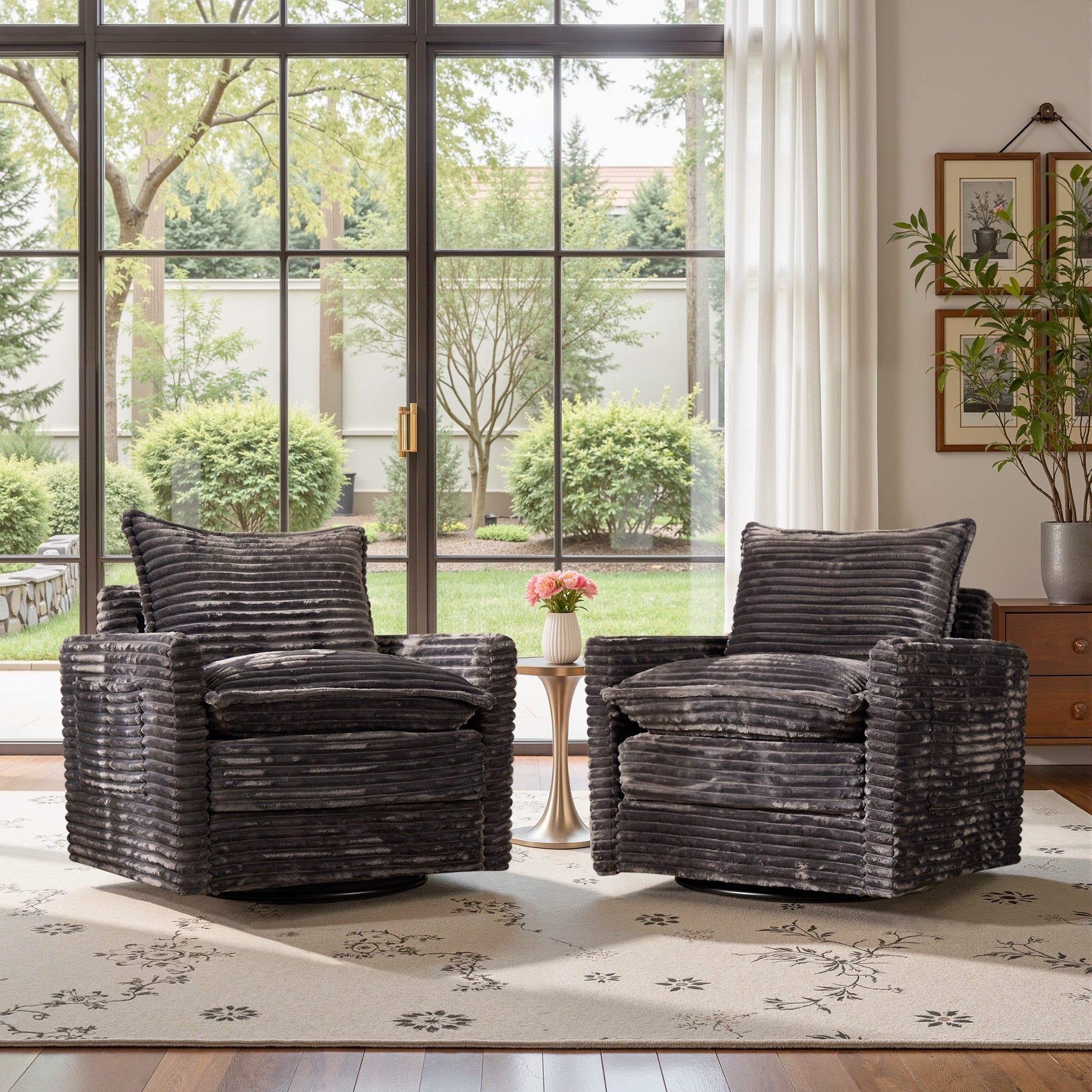 Ovios Swivel Accent Chairs Set Modern Corduroy Upholstered Living Room Chairs with 360¡ã Rotation and Pillows Comfy Lounge Armchairs for Bedroom or Office, Beige