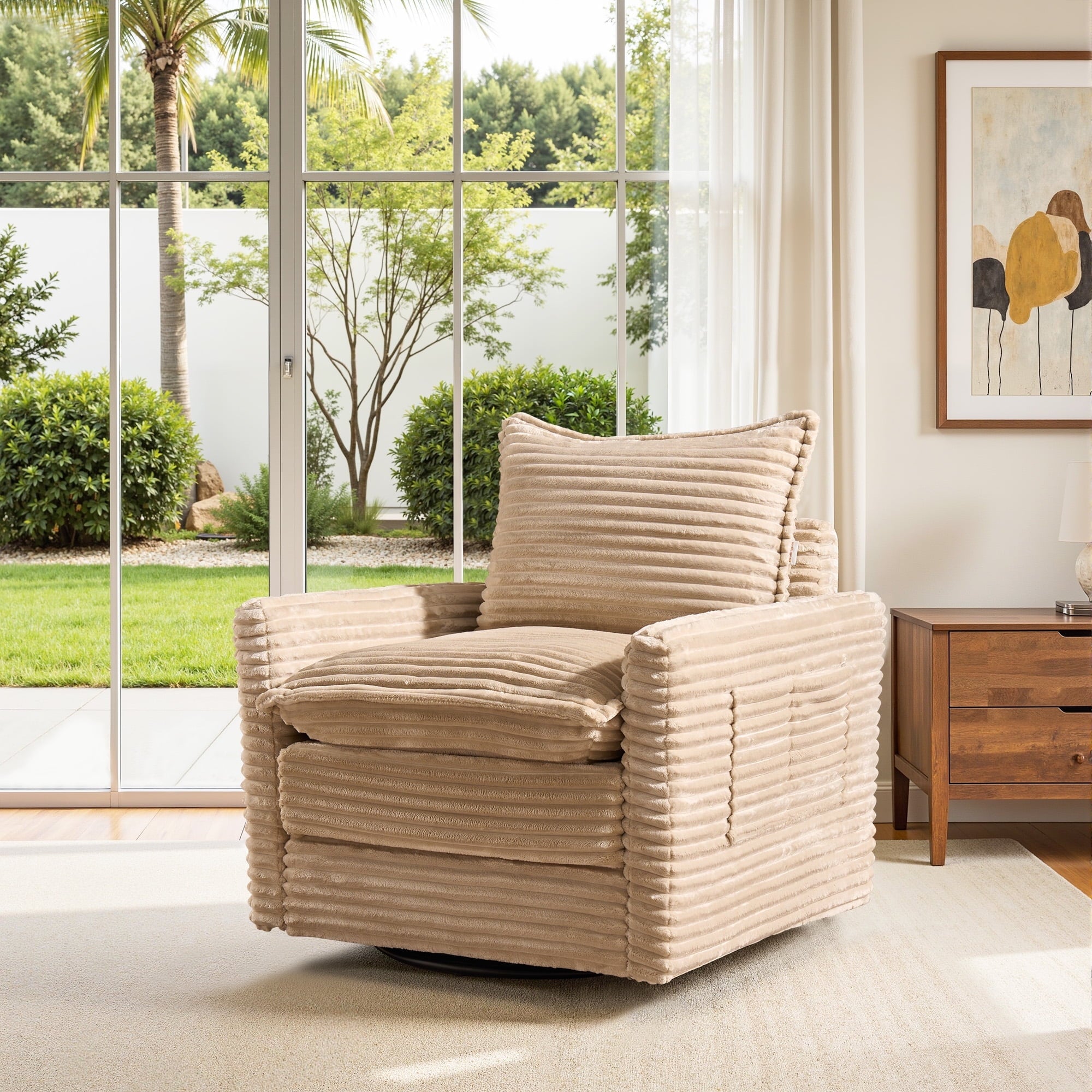 Ovios Swivel Accent Chairs Set Modern Corduroy Upholstered Living Room Chairs with 360¡ã Rotation and Pillows Comfy Lounge Armchairs for Bedroom or Office, Beige