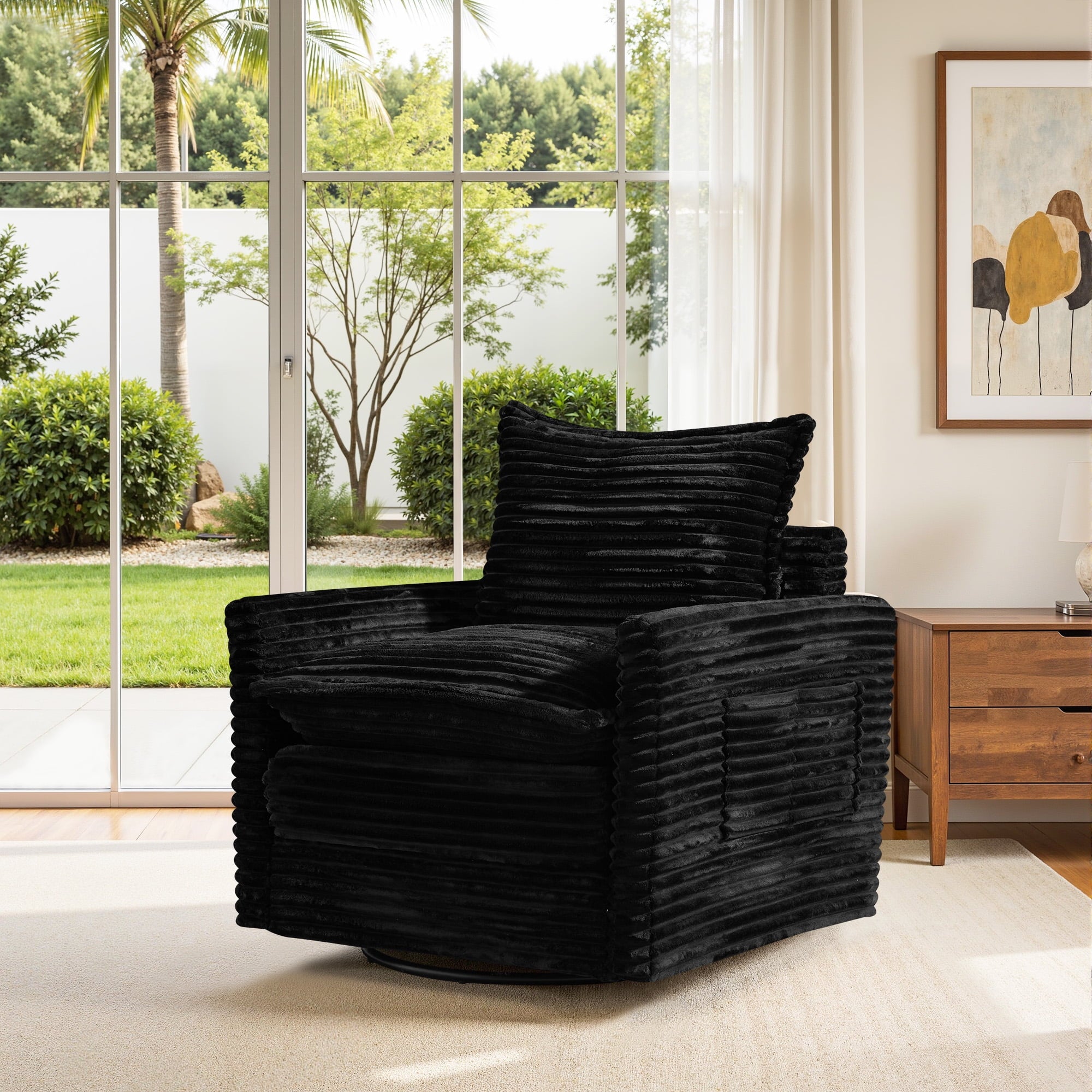 Ovios Swivel Accent Chairs Set Modern Corduroy Upholstered Living Room Chairs with 360¡ã Rotation and Pillows Comfy Lounge Armchairs for Bedroom or Office, Beige