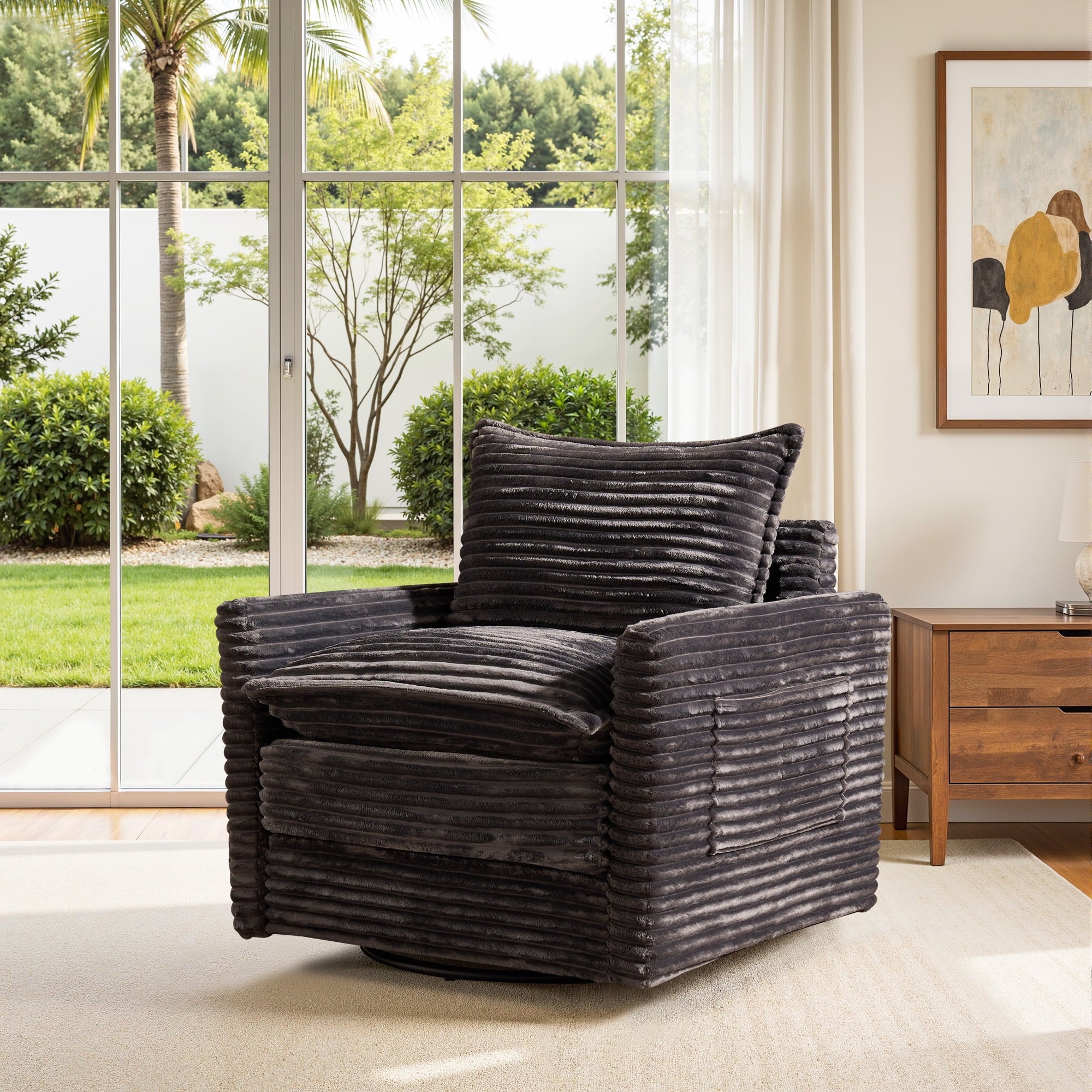 Ovios Swivel Accent Chairs Set Modern Corduroy Upholstered Living Room Chairs with 360¡ã Rotation and Pillows Comfy Lounge Armchairs for Bedroom or Office, Beige