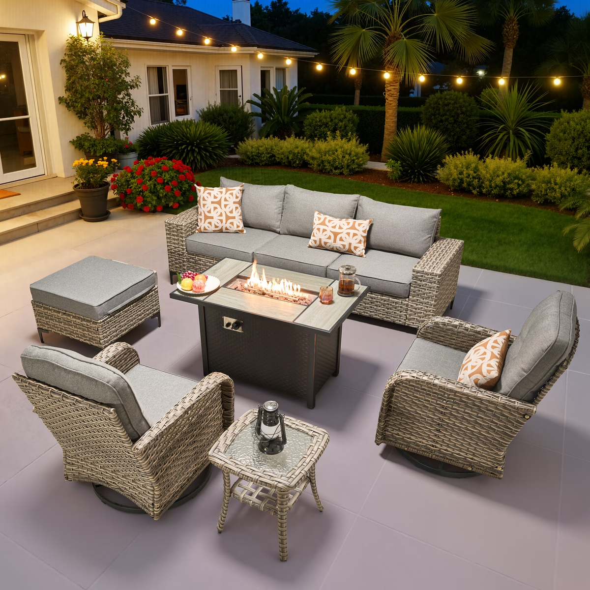 Ovios 8 Pieces Wicker Patio Furniture Sets Outdoor Conversation Sectional Sofa with Swivel Chairs & Fire Pit