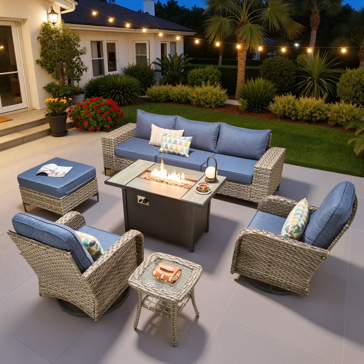 Ovios 8 Pieces Wicker Patio Furniture Sets Outdoor Conversation Sectional Sofa with Swivel Chairs & Fire Pit