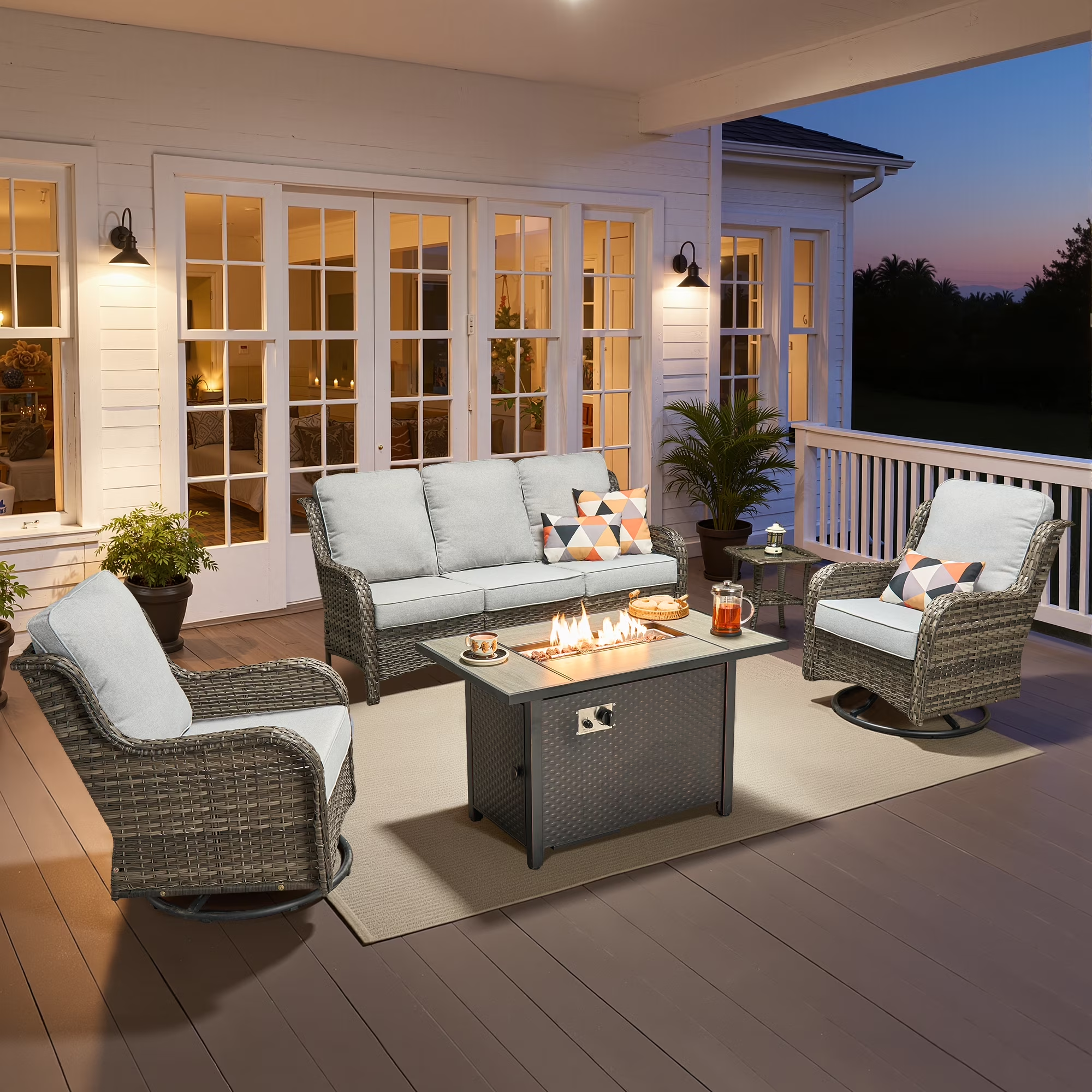 Ovios 5 Piece Outdoor Patio Furniture Set All-Weather Wicker Rattan Conversation Set with High Back Swivel Chairs & Propane Fire Pit Table, Denim Blue