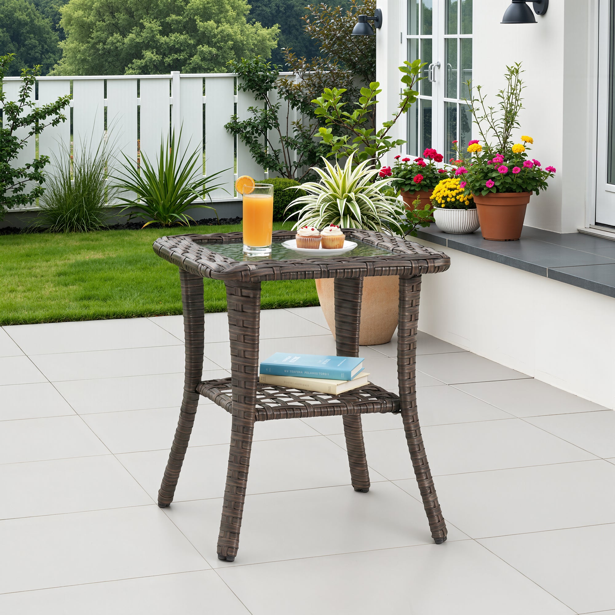 Ovios Outdoor Coffee Table Wicker Patio Furniture Rattan Side Tea Tables with Glass Top Backyard Decor