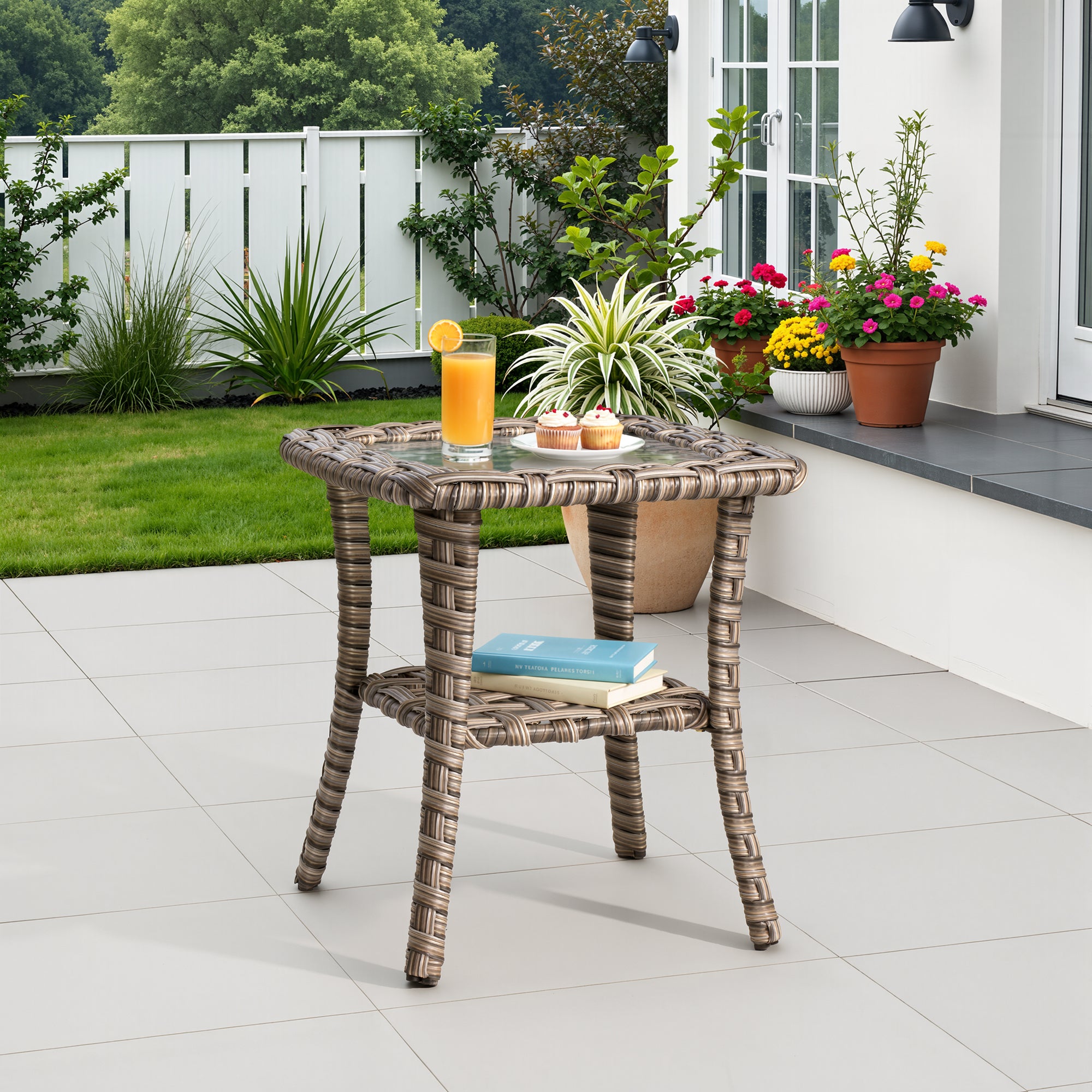 Ovios Outdoor Coffee Table Wicker Patio Furniture Rattan Side Tea Tables with Glass Top Backyard Decor